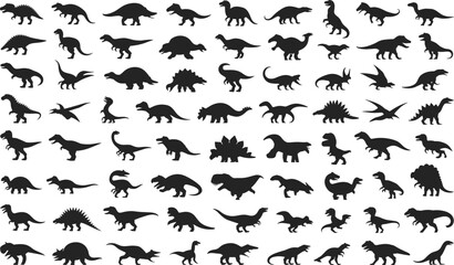 Dinosaur silhouettes, prehistoric animals, vector, black, species variety, extinct creatures, paleontology