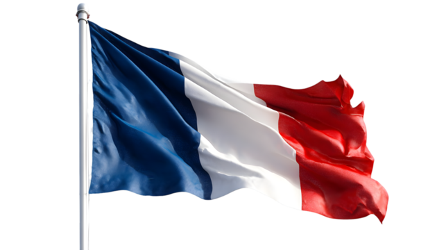 A detailed view of the french flag waving in the wind against a dark black background on a pole