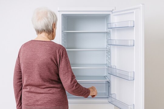 Elderly woman checks empty refrigerator in a modern kitchen while preparing for grocery shopping during the day