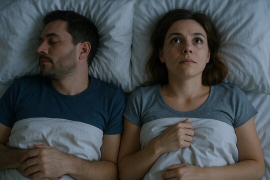 Couple lying in bed at night, deep in thought and facing different emotions while struggling with sleeplessness and communication