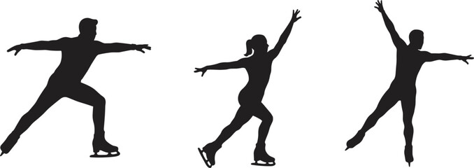 WebIce skater silhouettes, dynamic poses, figure skating, vector, black, graceful, motion, winter sport, balance, elegance, technique, performance