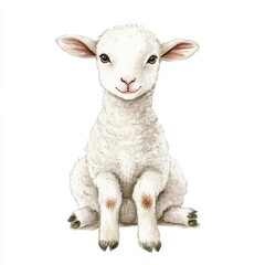 Watercolor Portrait of a Lamb Sitting Upright on a White Background