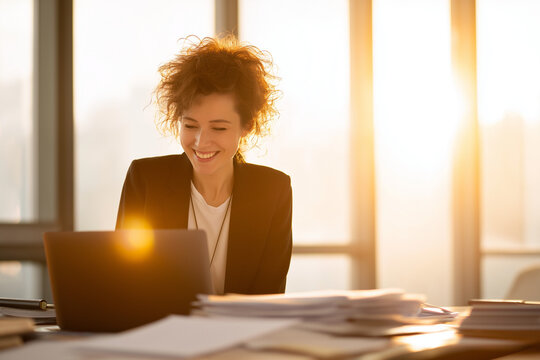 Young woman working on laptop in office with warm sunlight silhouette