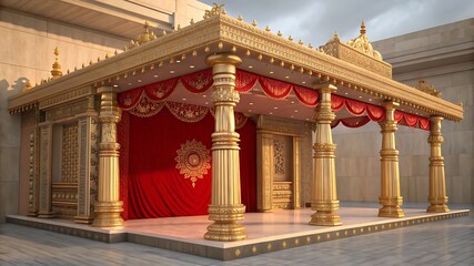 Ornate golden temple pavilion with red drapes