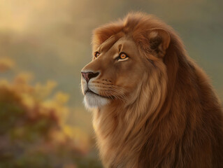 Obraz premium Majestic lion with a flowing mane gazes into the distance, surrounded by a soft, blurred natural background, capturing the essence of wild beauty and strength