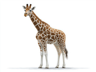 Naklejka premium Giraffe standing gracefully on a white background, showcasing its long neck and distinctive coat patterns, symbolizing the beauty of wildlife and nature conservation efforts