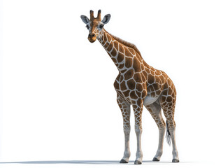 Fototapeta premium Giraffe standing gracefully with a long neck and distinctive coat pattern, showcasing its unique features against a clean white background, ideal for wildlife and nature themes