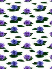 Blue and lilac water lilies, leaves, golden pollen seamless pattern