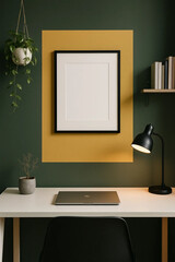 Modern home office setup with blank picture frame mockup above desk, perfect for showcasing artwork or motivational quotes in stylish workspace