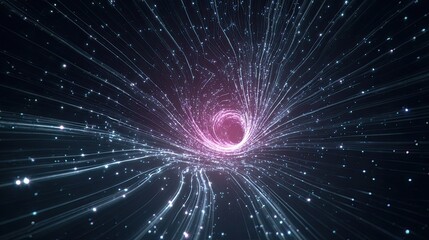 Fototapeta premium Abstract view of glowing pink black hole with light trails and stars in deep space galaxy scene