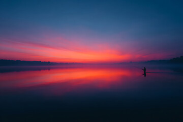 fishing at sunrise, fisherman casting line at sunrise, with lake reflecting the morning light