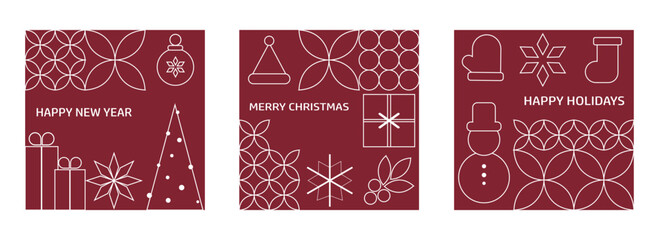 Simple Red Holiday Card Set with Geometric Icons