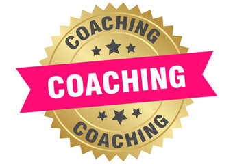 coaching. coaching round pink and gold label isolated on transparent background