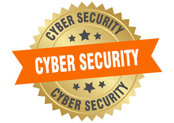 Obraz premium cyber security. cyber security round orange and gold label isolated on transparent background