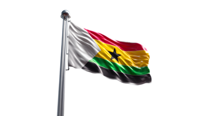A close up of the ghanaian flag waving in the wind against a black background on a silver pole