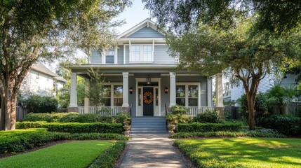 Gray Craftsman home, sunny day, green lawn, tree-lined street, real estate listing