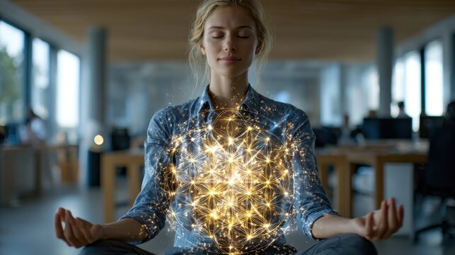 Modern woman in minimalist office, Flower of Life - sacred geometry overlay, spiritual awareness in corporate daily work setting