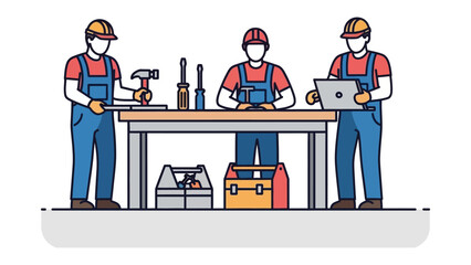 Craftsmen at Work: A collaborative workshop scene depicts skilled craftsmen engaged in their tasks, surrounded by their tools and equipment, representing teamwork and the art of construction.