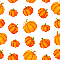 Seamless pattern with cute pumpkins isolated on white background. Vector illustration of orange pumpkins in cartoon style. Packaging, autumn wrapping paper.