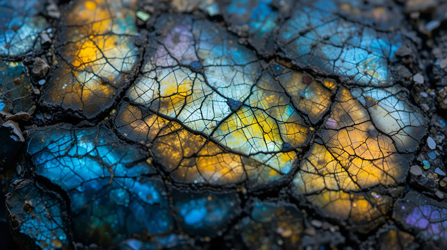 Detail of colorful multicolored (blue, yellow, purple, cyan) labradorite gemstone. Close-up of the texture