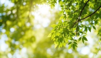 Fototapeta premium Sunlight filters through the lush green canopy of a tree, casting bright spots on the leaves in soft focus