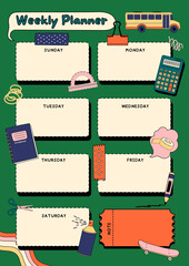 Retro inspired weekly planner with school supplies and fun elements