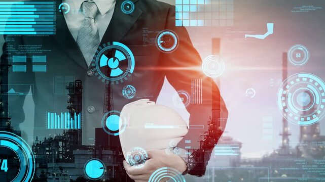 Future factory plant and inventive energy industry concept in creative graphic design. Oil, gas and petrochemical refinery factory with hologram showing next generation of power and energy business.
