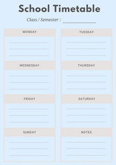 Clean and organized school timetable template for students and teachers