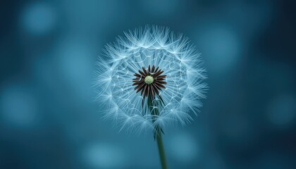 Obraz premium Dreamy and peaceful monochrome photograph of a fluffy dandelion seed head set against a deep teal background