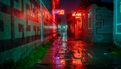 Moody Neon-Lit Asian Alleyway: Wet Cobblestone Street at Night, Red and Teal Hues, Mysterious Atmosphere. © Arun