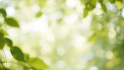 Abstract nature backdrop with blurred green leaves and bokeh lights creating a dreamy and serene atmosphere