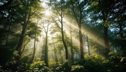 Obraz premium Sunlight streams through the thick canopy of a dense forest, creating an ethereal, peaceful scene in the morning