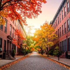 Fototapeta premium Autumnal city street lined with colorful trees
