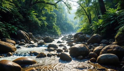 Sunlight filters through the trees and foliage illuminating the flowing stream surrounded by various rocks and lush greenery