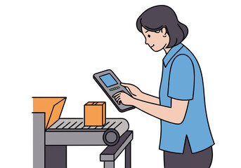 A young woman analyzes a conveyor belt, reviewing data on a tablet. Focused and professional, she?s part of a manufacturing process. Clean, modern illustration. 