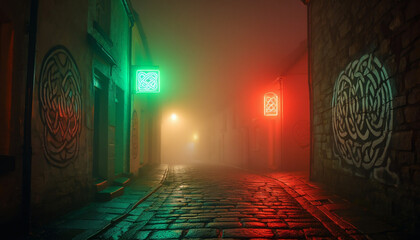 Mysterious Foggy Celtic Alleyway at Night: Red and Green Neon Signs, Cobblestone Street, Intricate Knotwork Murals.