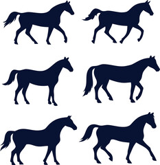 Vector set of black horse silhouettes, perfect for country themes, ranch logos, and farm animal graphics.