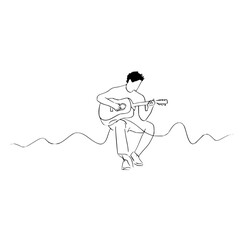 Fototapeta premium Line art drawing of a man with a guitar sitting and playing music with a wavy line in the background
