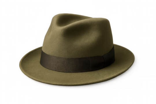 Stylish green fedora wearing black ribbon, standing against transparent background for fashion design and accessory concepts