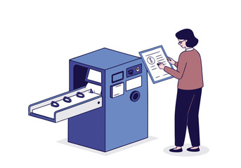 A professional woman analyzes food production data on a tablet, overseeing a conveyor belt and automated machinery. Modern, clean, and focused. 