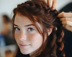 Fototapeta premium Close-up of a young girl with braids, looking at the camera while someone is styling her hair. Soft lighting and warm tones highlight her freckles and gentle expression. Childhood and care concept.