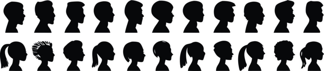 Group young people. Profile silhouette faces boys and girls set, man and woman – for stock 
