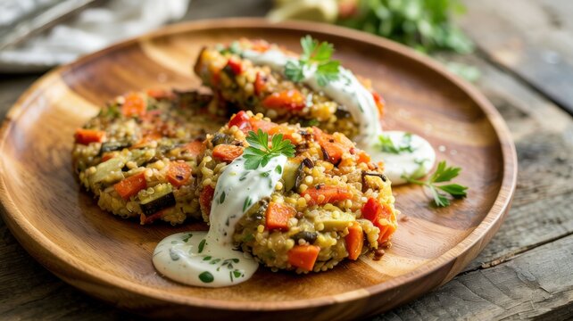 Quinoa aux l&eacute;gumes (carottes, courgettes et poivrons rouges) cuits sous forme de c&ocirc;telettes cuites au four. Servi avec une sauce au yogourt.