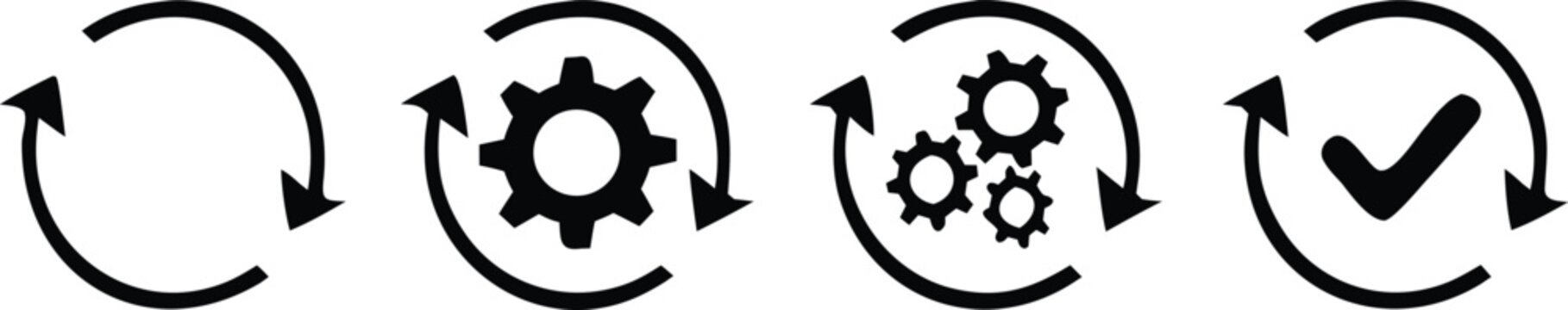 Sync process, icon reload set, circle arrow with gear wheel, recycling recurrence, renewal sync processing icons - stock vector 
