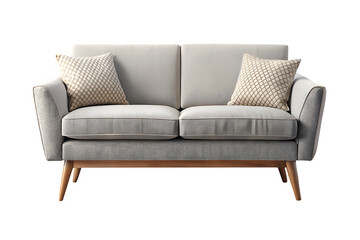 Fototapeta premium Modern light gray two seater sofa with pillows isolated on transparent background
