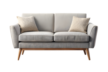 Modern light gray two seater sofa with pillows isolated on transparent background