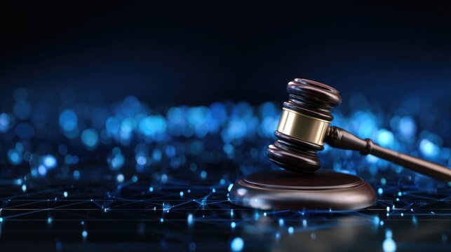 Wooden judge gavel resting on a dark blue abstract digital network with glowing connections, symbolizing legal technology, cybersecurity, and modern global justice.