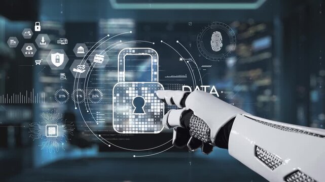 A robotic arm engages with a digital interface focused on data security, highlighting encryption and cybersecurity themes in a modern technological environment. Auvana