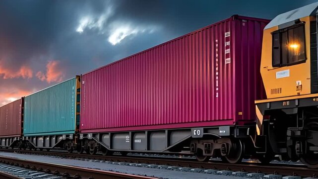 Powerful freight train pulling colorful cargo containers is moving along railway tracks at sunset, showcasing global logistics and transportation