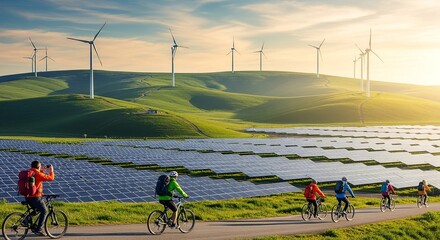 Renewable energy landscape with wind turbines and large solar farm at sunrise, rolling green hills. Clean energy countryside with multiple wind turbines and photovoltaic arrays, panoramic wide shot